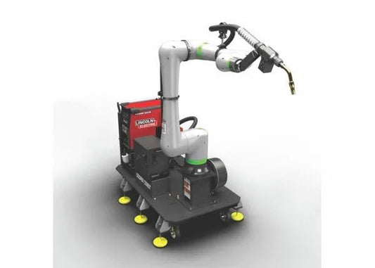 Lincoln Cooper CRX-25iA Aluminum Welding Cobot Cart with Lincoln Electric control box and torch for precise automated welding.