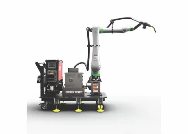 Lincoln Cooper CRX-25iA Aluminum Welding Cobot Cart GEN II—mobile cobot with robotic arm, tool, and panels for automated welding.