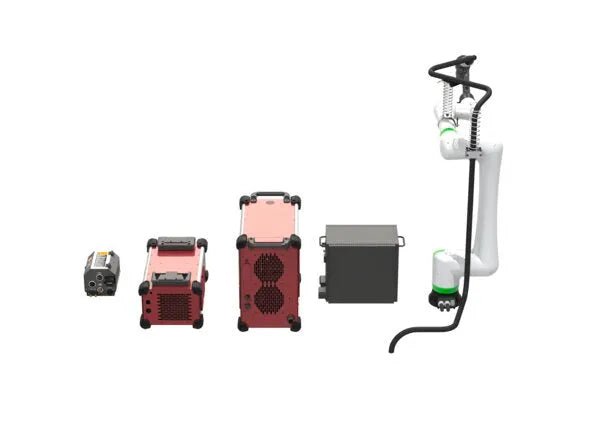 Lincoln Cooper CRX-10iA/L Aluminum Welding Cobot GEN II with black cable beside four electronic devices on white background.