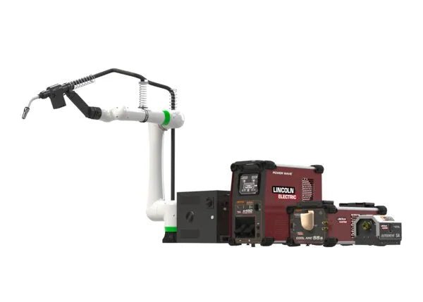 Lincoln Cooper CRX-10iA/L Aluminum Welding Cobot Package with Lincoln Electric welding equipment on white, for WeldingMart.