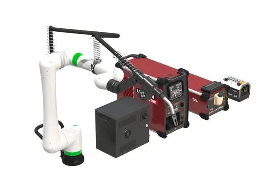 Lincoln Cooper CRX-10iA/L Aluminum Welding Cobot GEN II with red welder, control unit, and electronics on white background.