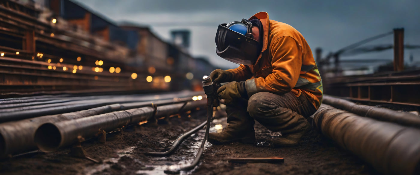 A construction worker in a helmet and orange high-visibility jacket kneels in muddy ground, working on metal pipes at a dimly lit, outdoor construction site with blurred lights and industrial structures in the background.
