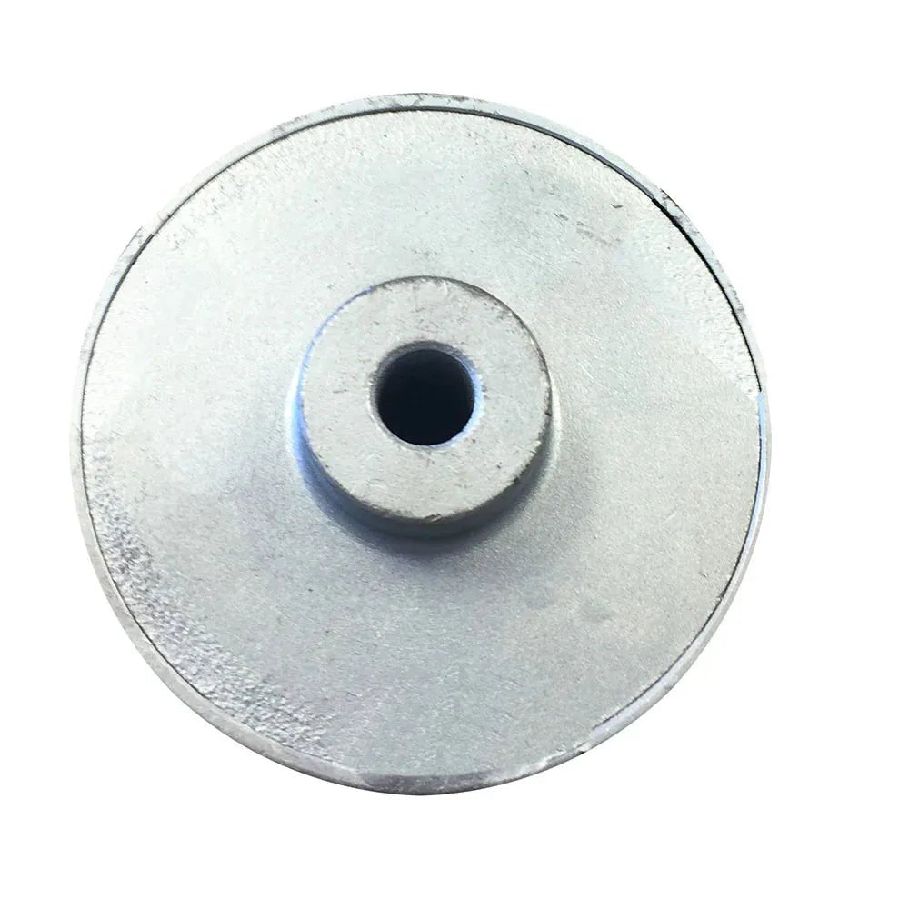 Mathey Dearman Stainless Steel Wheel 90012 for welding equipment, round silver design with raised center, top view on white.