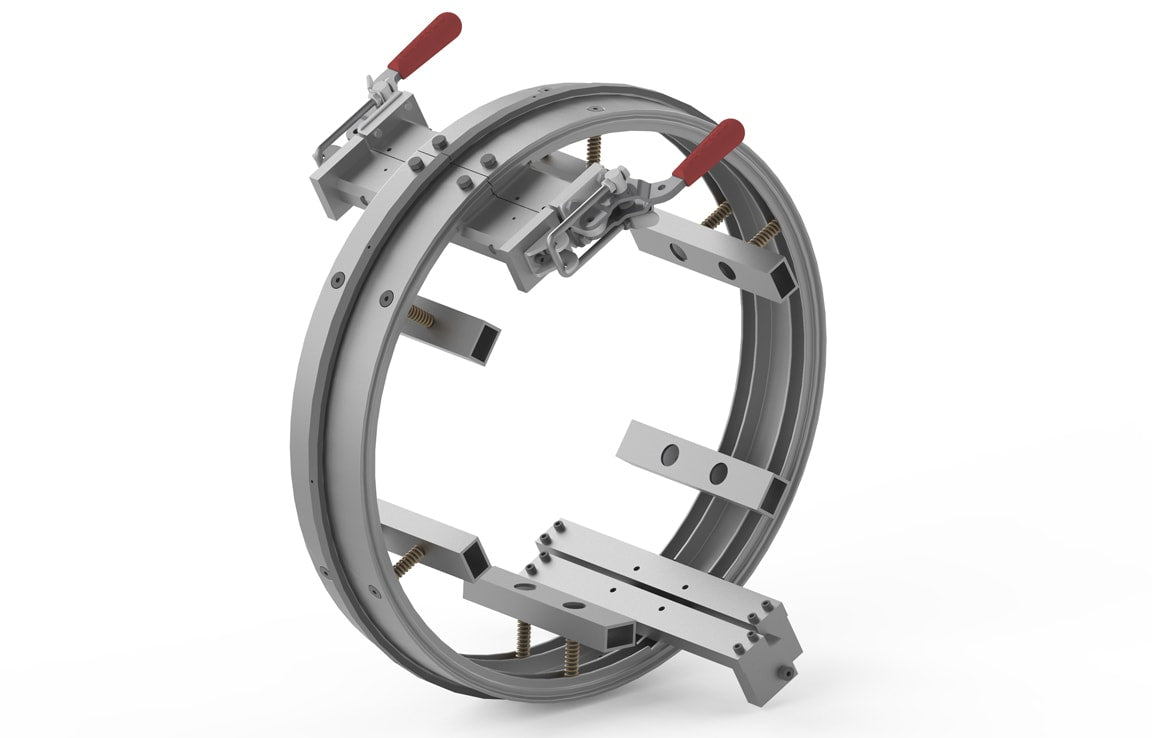 Bug-O BRR-3250-48 welding pipe clamp with adjustable arms, red levers; secures 48" pipes or ring rails for precise alignment.