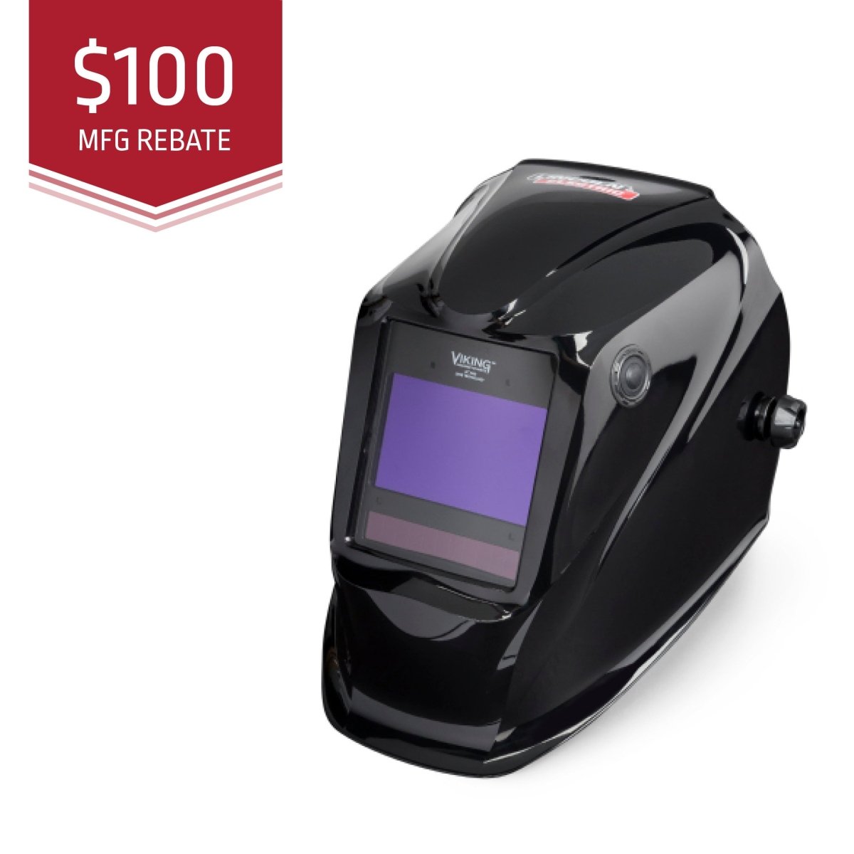 Black welding helmet with a rebate offer on a white background