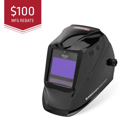 Black welding helmet with a purple screen on a white background, featuring a $100 MFG rebate label.