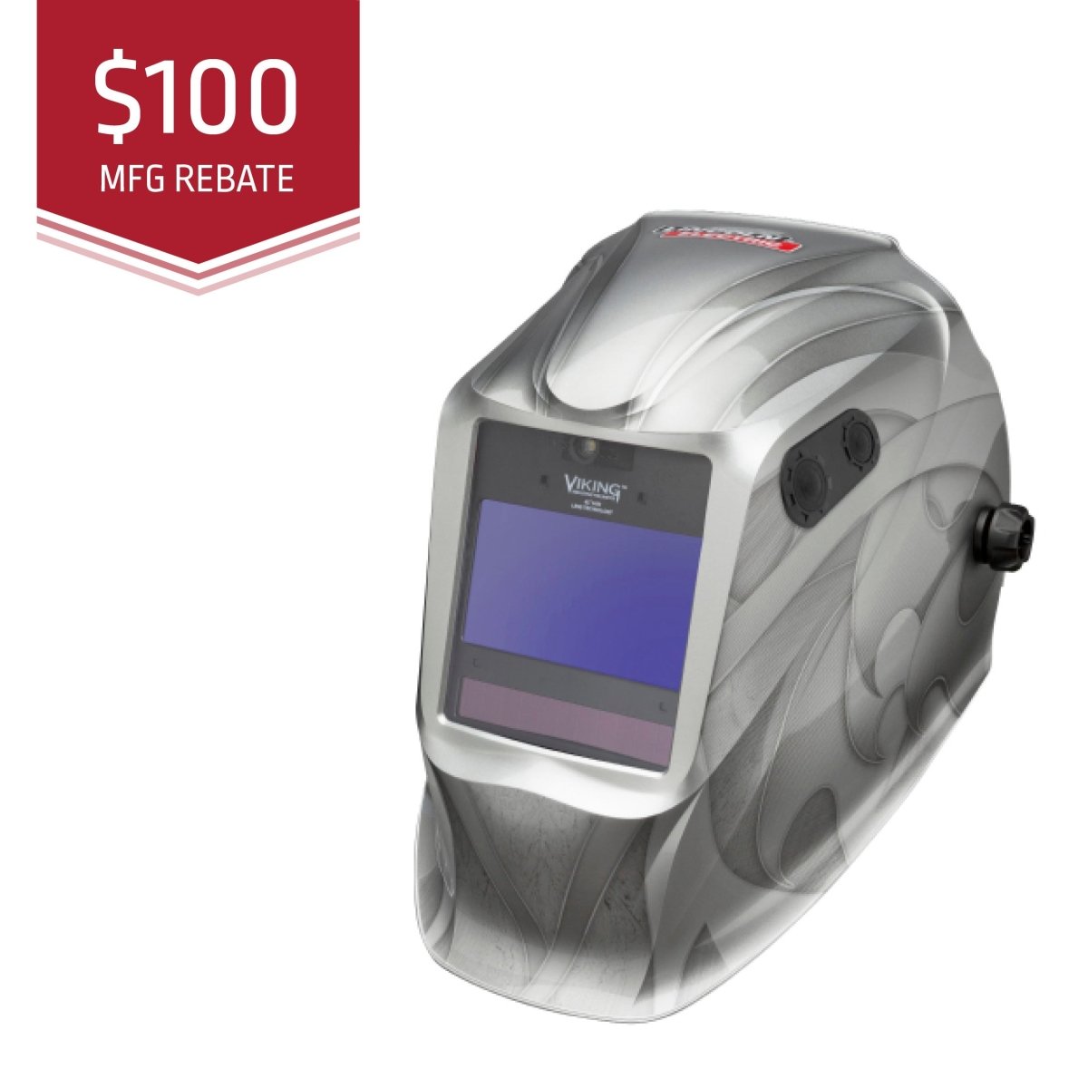 Welding helmet with a $100 MFG rebate label on a white background