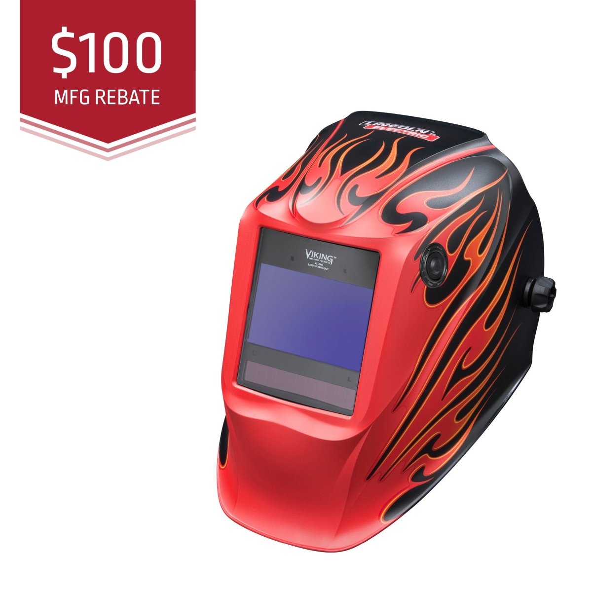 Red welding helmet with flame design on a white background, featuring a $100 MFG rebate label.