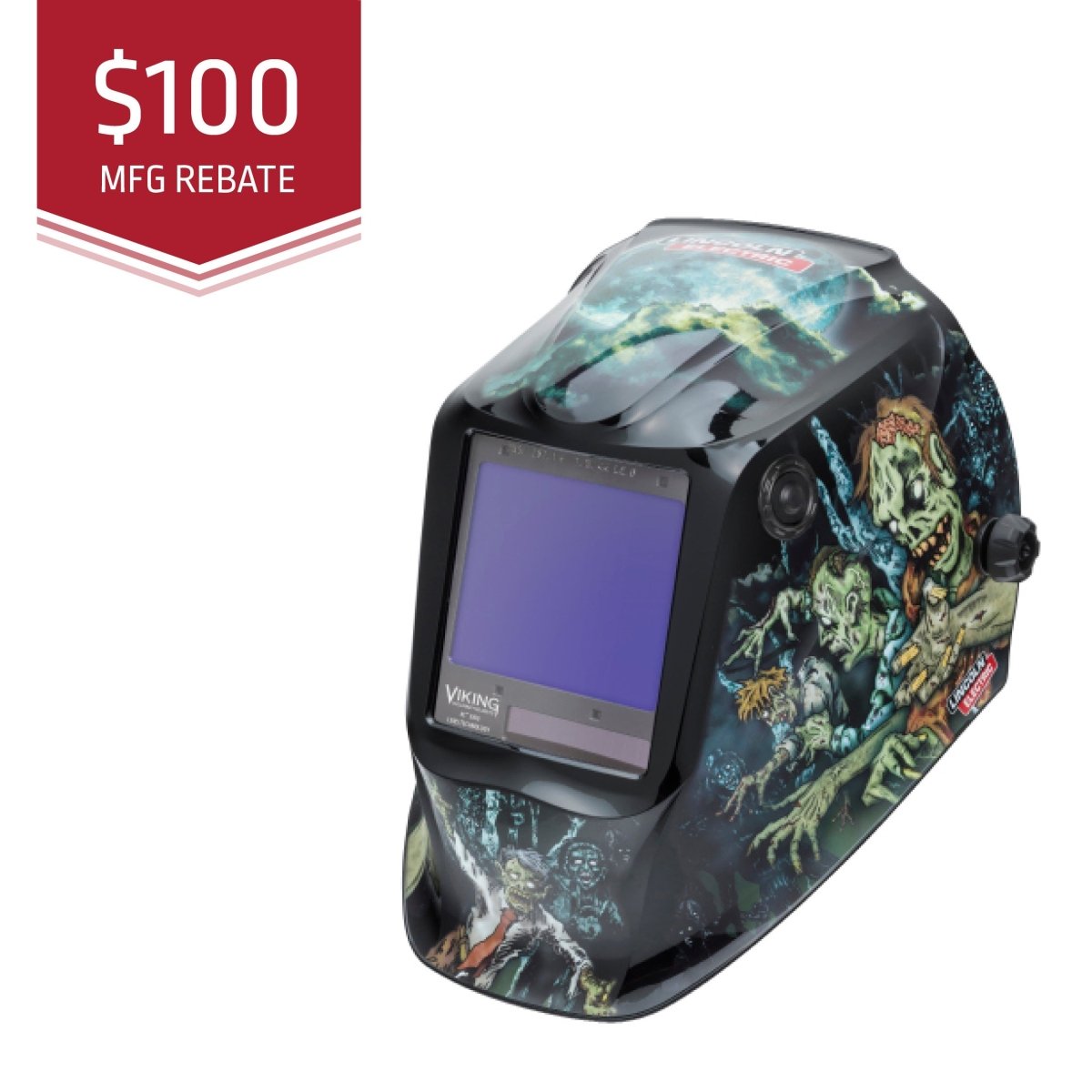 Welding helmet with colorful design on a white background, featuring a $100 MFG rebate label.