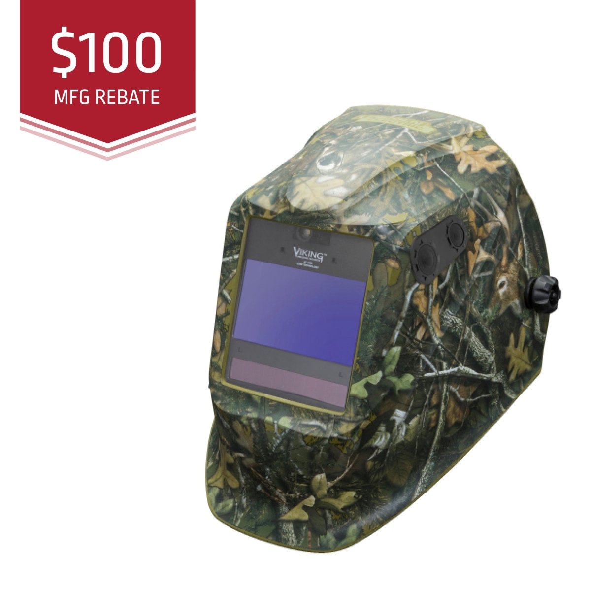 Camouflage welding helmet with a $100 MFG rebate label on a white background