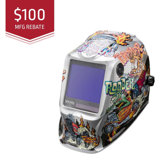 Welding helmet with colorful designs and a $100 MFG rebate label on a white background