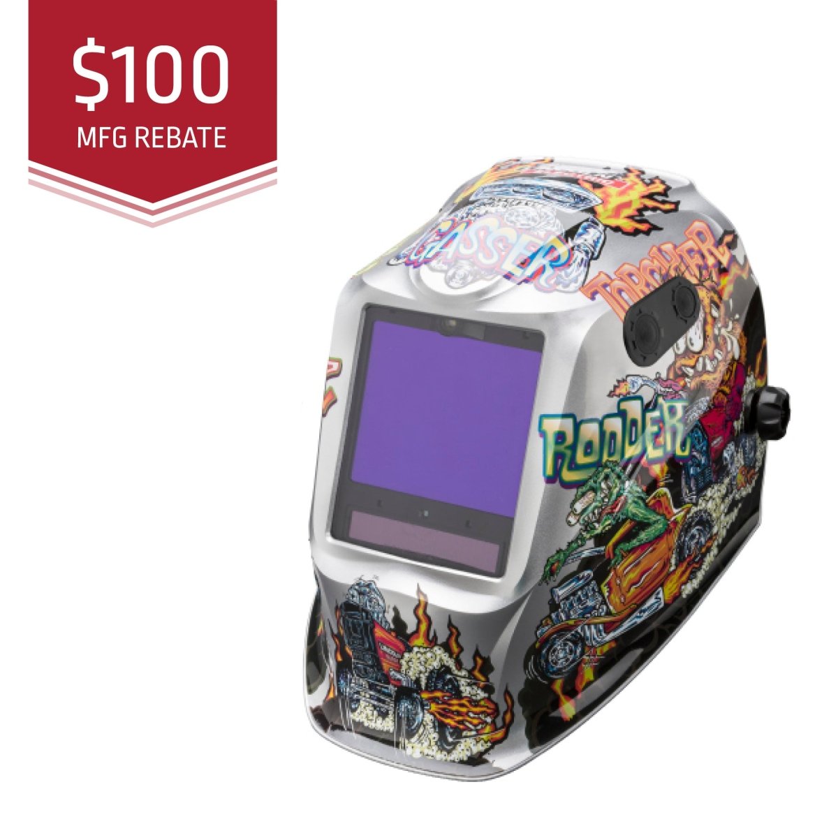 Welding helmet with colorful designs and a $100 MFG rebate label on a white background