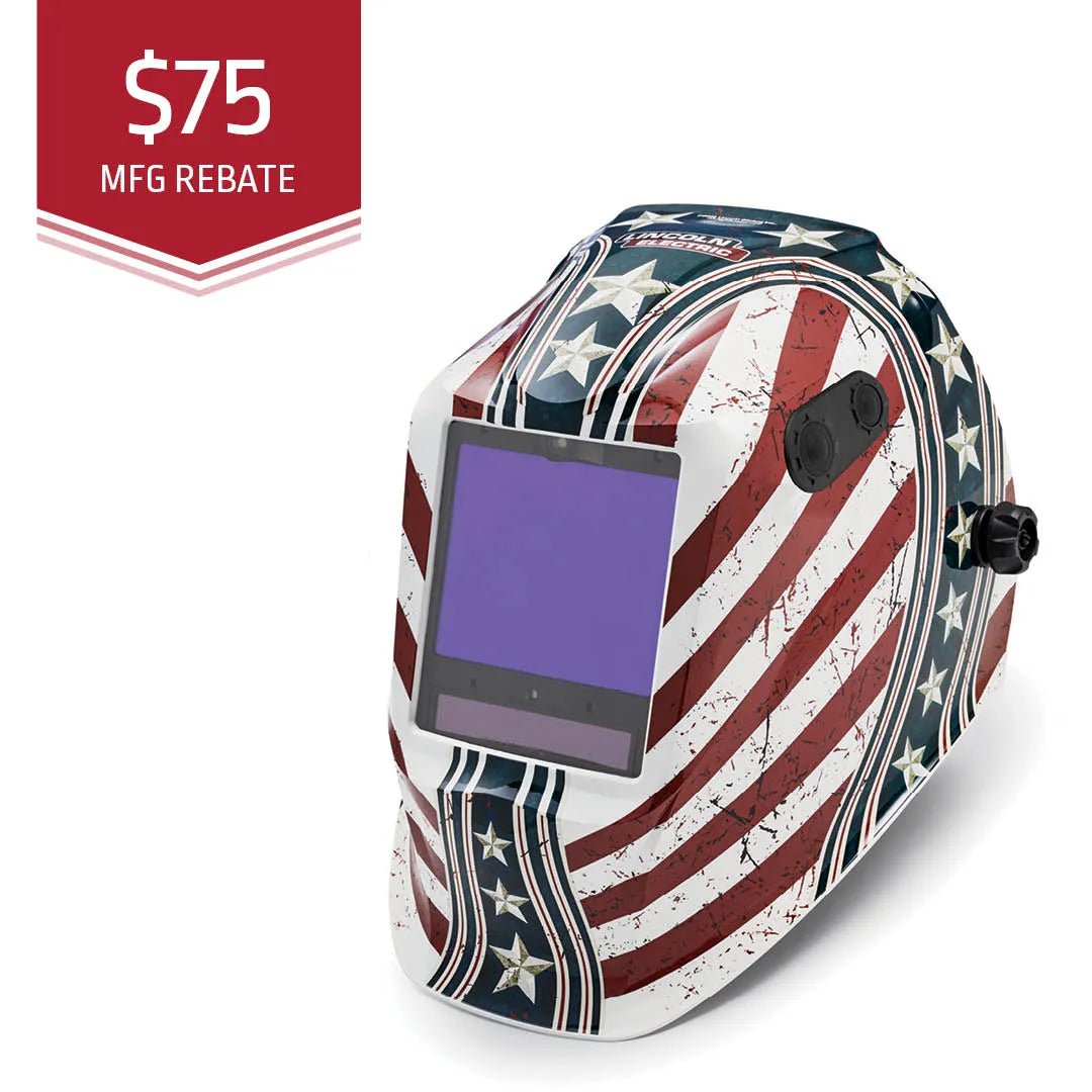 The Lincoln VIKING 3350 ADV Daredevil Welding Helmet (K3683-5) features an American flag and stars design, 4C Lens Technology for clear viewing, auto-darkening lens, and a red $75 MFG REBATE banner in the top left corner.