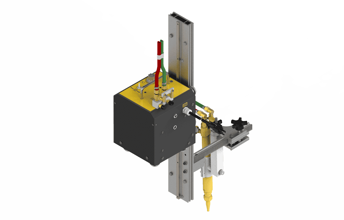 Bug-O BEAM BUG III 120VAC acetylene welding tool on metal rail, with control box, cables, valves, nozzle; WeldingMart equipment.