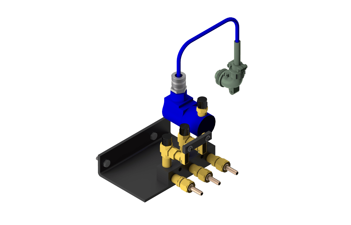 Bug-O CUTTING SOLENOID ACC. 120VAC (BUG-6090) with brass fittings, blue valve, solenoid, bracket, and tubing for welding equipment.