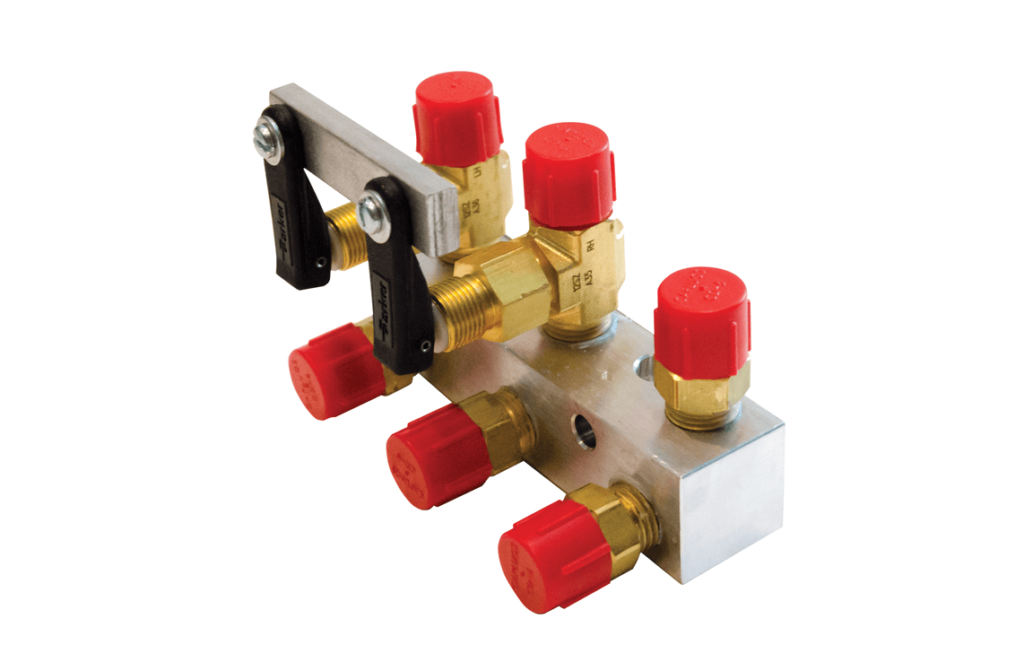 Bug-O 3 Hose Quick Action Manifold BUG-9898 for welding, with 6 brass valves, red caps, silver base, black levers for hoses.