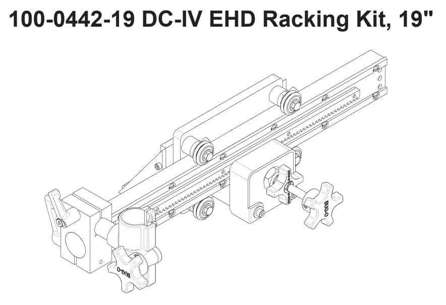 Bug-O DC IV EHD RACKING KIT 19" (100-0442-19) welding accessory line drawing, labeled parts, adjustment knobs for automation.