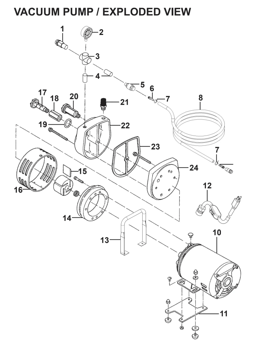 Vacuum pump exploded diagram with Bug-O FILTER/MUFFLER ARV-2001, welding parts labeled for WeldingMart assembly reference.