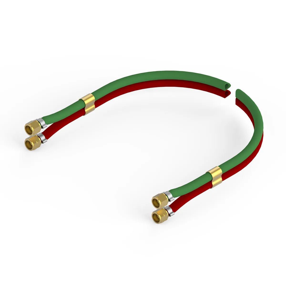 Bug-O 32" welding hose assembly pairs, CIR-1010-3 red/green with brass fittings, for welding tools on white background.