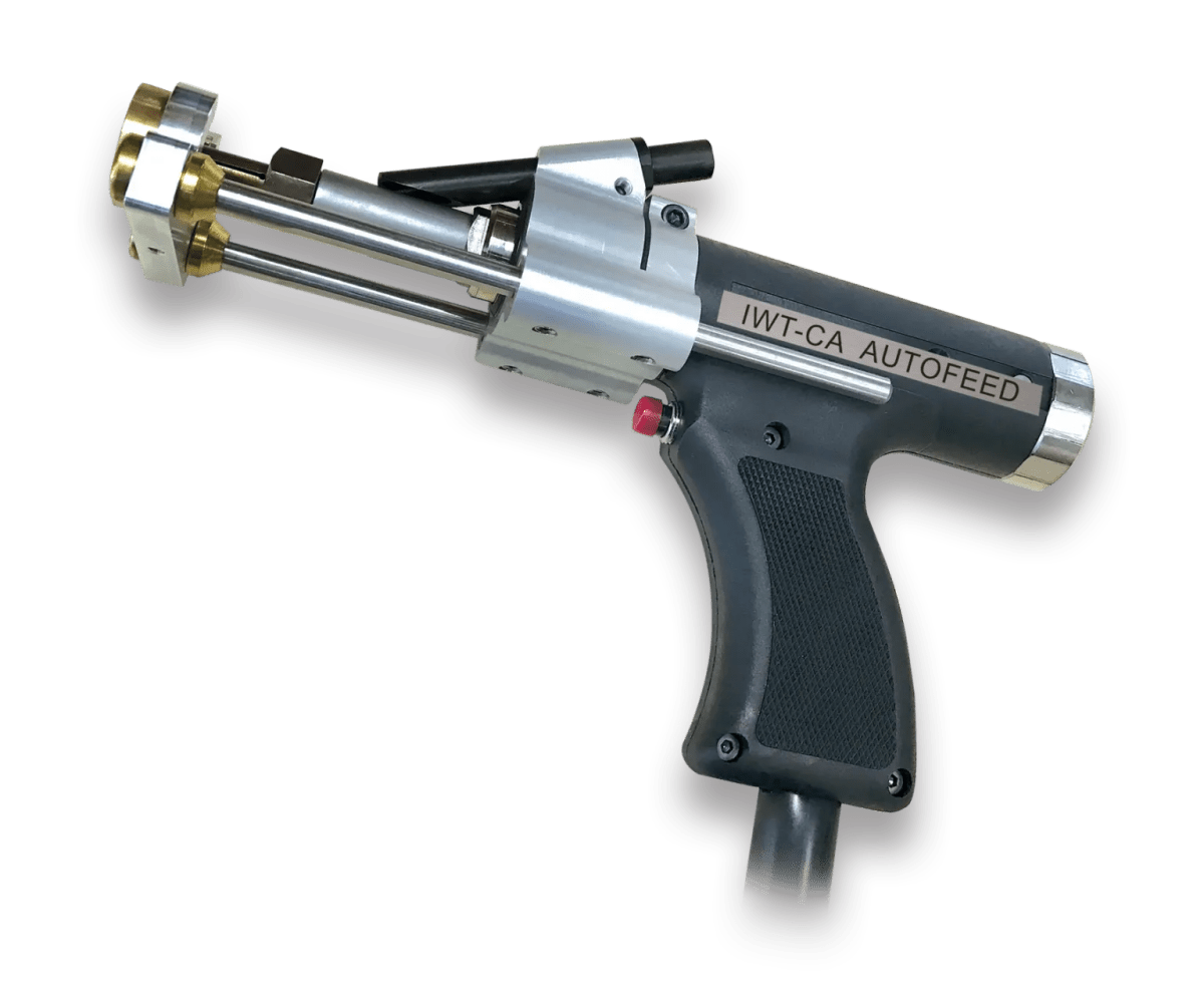 The IWT-CA (GUN Only) - 1-EQ500009CA is a handheld industrial tool with a black ergonomic grip, metal body, and brass-colored smart feeder for efficient automatic C.D. weld stud or pin insertion.