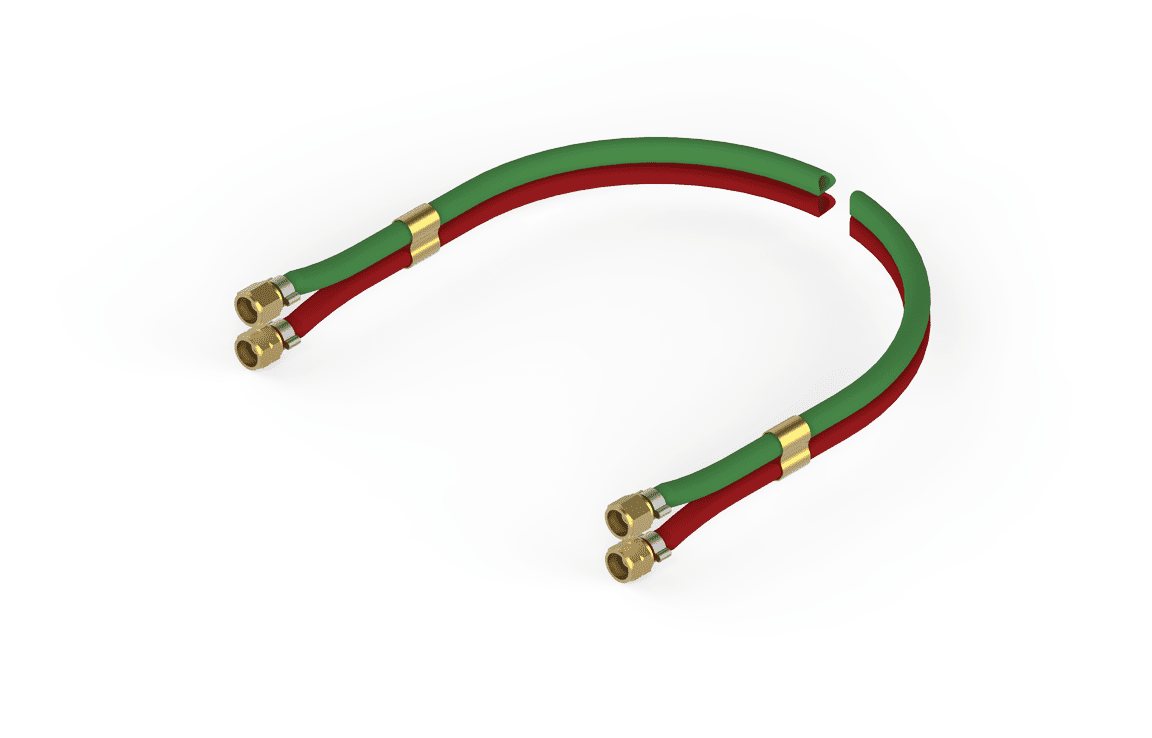 Bug-O 20" red and green welding hose assemblies with brass fittings, semi-circular, gold bands, WeldingMart accessories.
