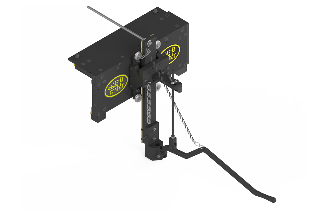 Bug-O 151 CARRIAGE ASSEMBLY CWO-4530 welding tool, black metal base, yellow logo, chain, spring, angled handle, precise welding.