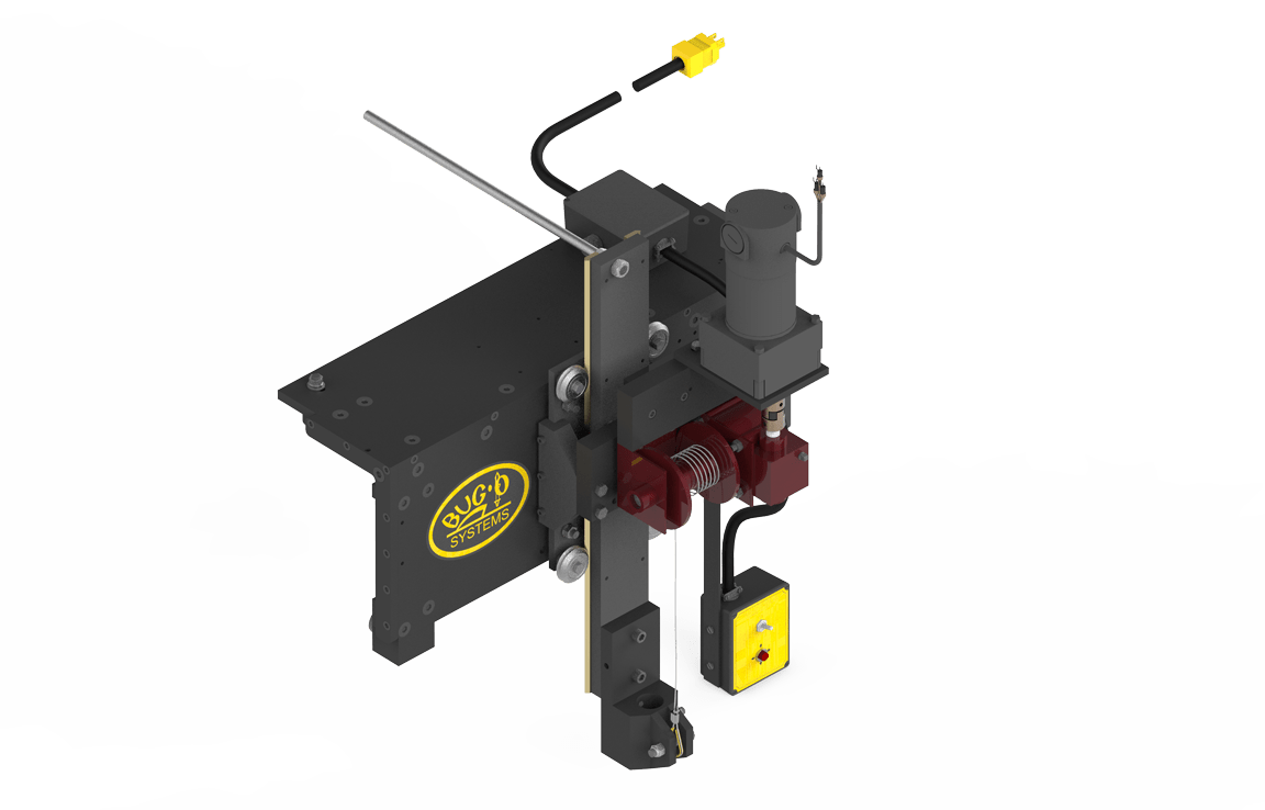 Bug-O 151M Motorized Welding Carriage CWO-4550, black/red frame, Slice D Systems logo, wires, control switch, white background.