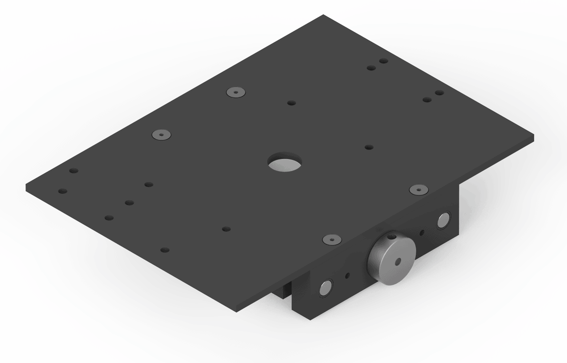 Bug-O 12" Carriage for Flex Rail FMD-1022: durable welding accessory, black metal plate with holes, knob, and central opening.