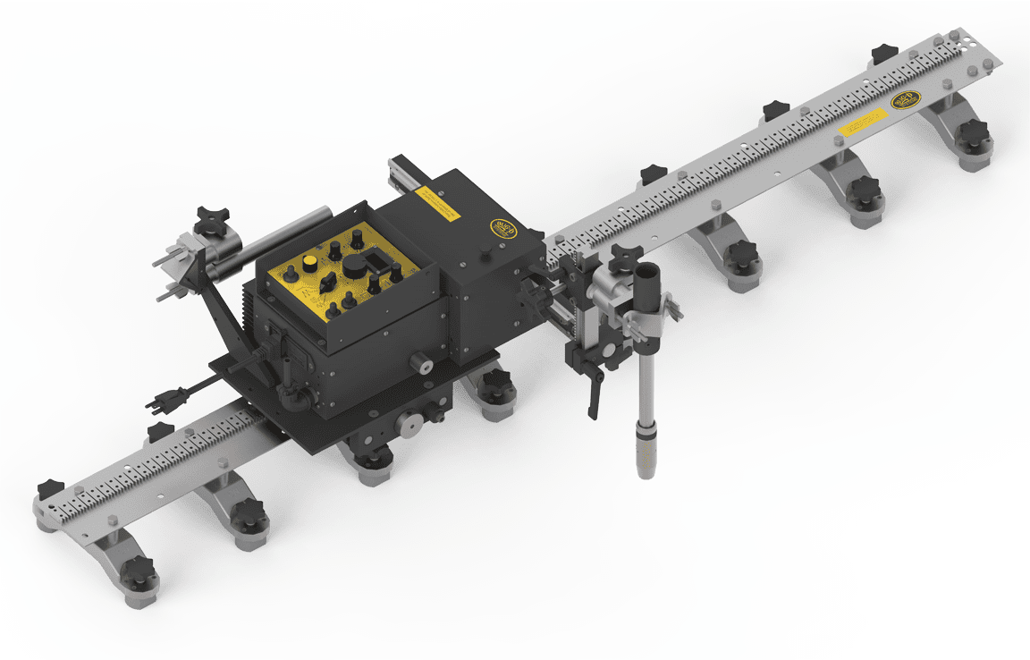 Bug-O MDS HI-FLEX LINEAR WEAVER KIT FMD-4202 welding tool with control unit, adjustment knobs, and metal rail for precision welding.