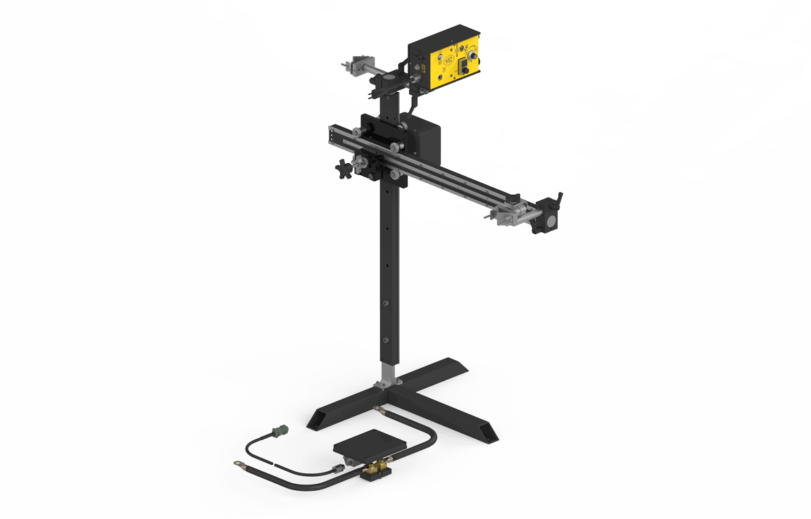 Bug-O SINGLE GUN FTS-1025 welding machine stand with auto height control, torch arms, control box, foot pedal & cables.