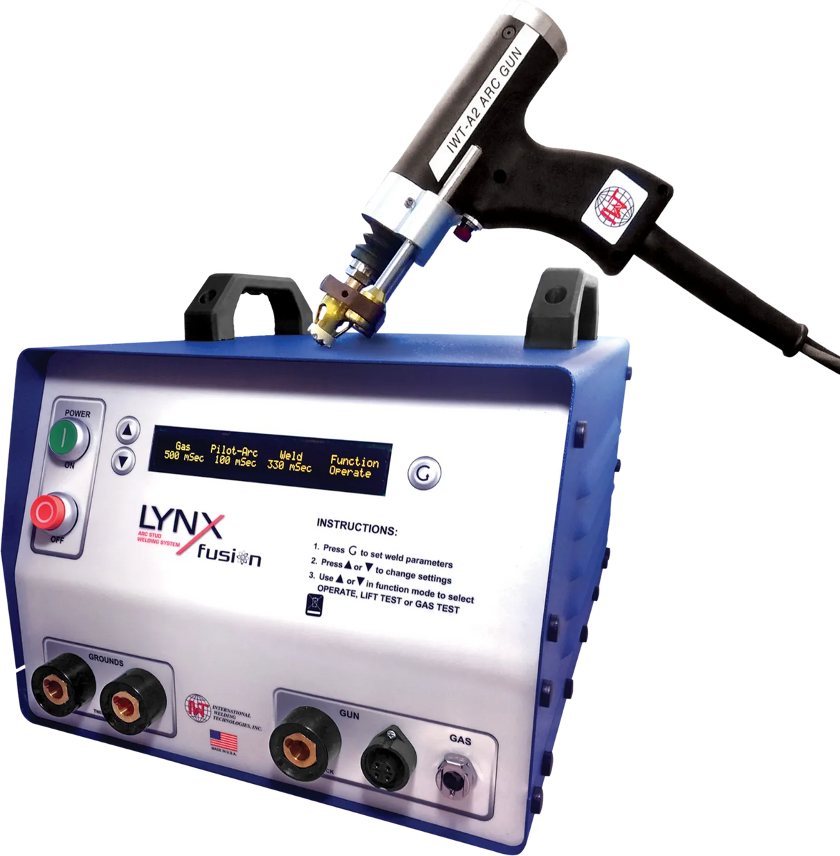 A blue and white ITW - LYNX Fusion 1000 (1/2” Capacity) Stud Welding System (1-IWT500055F) with buttons, knobs, a digital display, labeled ports for gun and gas, and instructional text sits below a connected handheld welding gun.