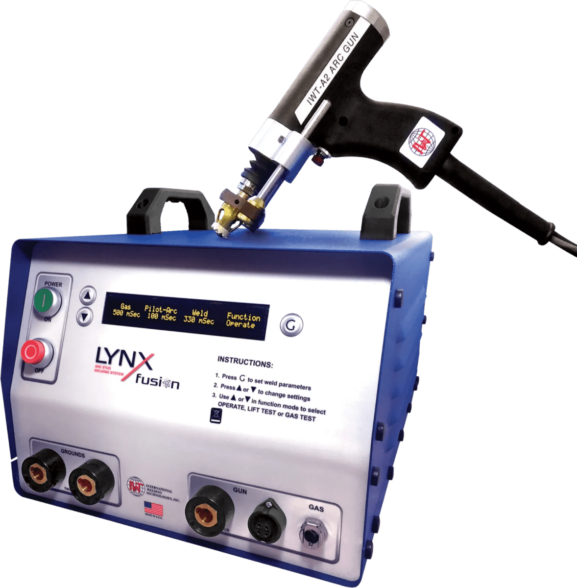 A blue and white ITW - LYNX Fusion 1000 (1/2” Capacity) Stud Welding System (1-IWT500055F) with buttons, knobs, a digital display, labeled ports for gun and gas, and instructional text sits below a connected handheld welding gun.