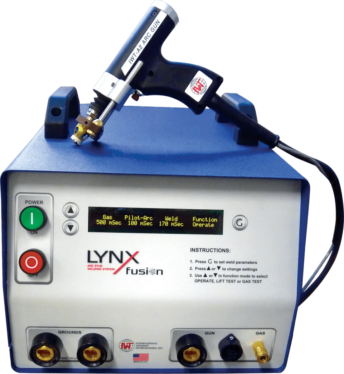The IWT LYNX Fusion 600 (3/8” Capacity) - 1-IWT500055F600 is a blue and white welder with a digital display, labeled controls, and ports. A handheld welding gun rests on top. It’s ideal for heavy gauge steels, with instructions printed on the front panel.