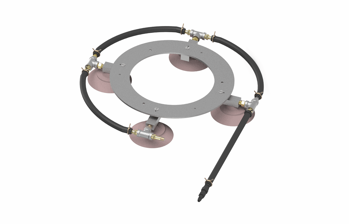 Bug-O 4 Cup Vacuum Base HOB-1140 welding accessory with metal frame, 4 hoses, pink cups, and nozzle on white background.