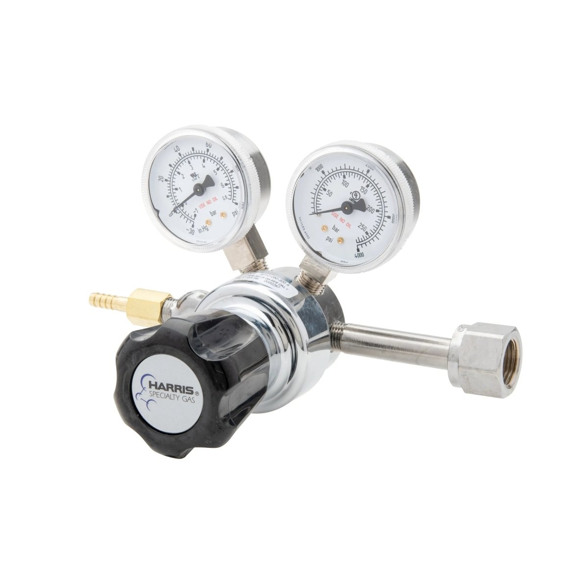 Harris 401C-050-320-A CO2 Regulator for welding, chrome finish, dual gauges, brass hose fitting on white—WeldingMart accessory.