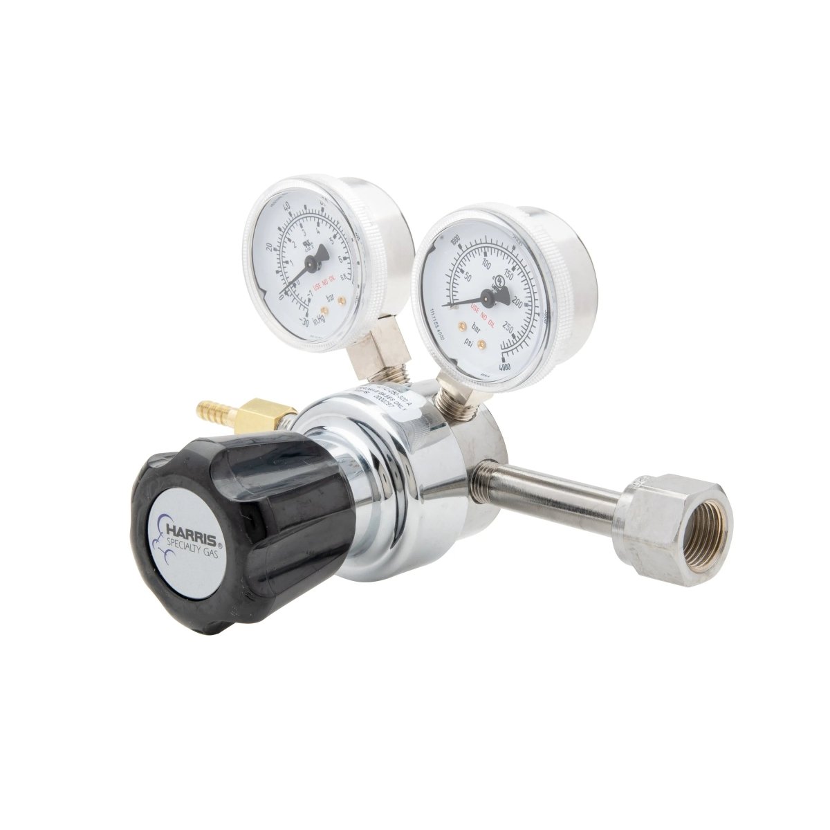 Harris 401C-050-320-A CO2 Regulator for welding, single-stage, dual gauges, brass/steel connectors on white background.
