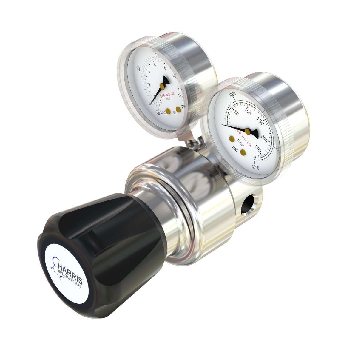 Pressure regulator with two gauges on a white background