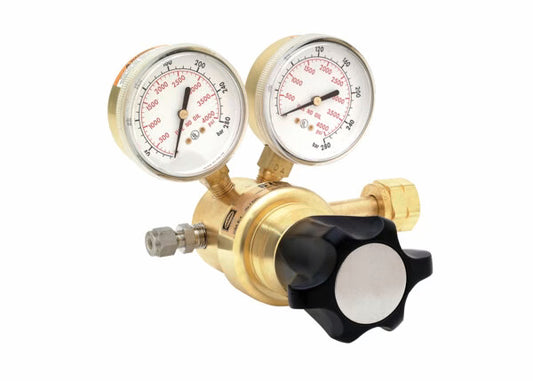 The Harris HP8700-800-580 Argon/Krypton Regulator (3200272) is a single stage brass regulator with dual pressure gauges, black adjustment knob, and metal fittings, shown isolated on a white background.