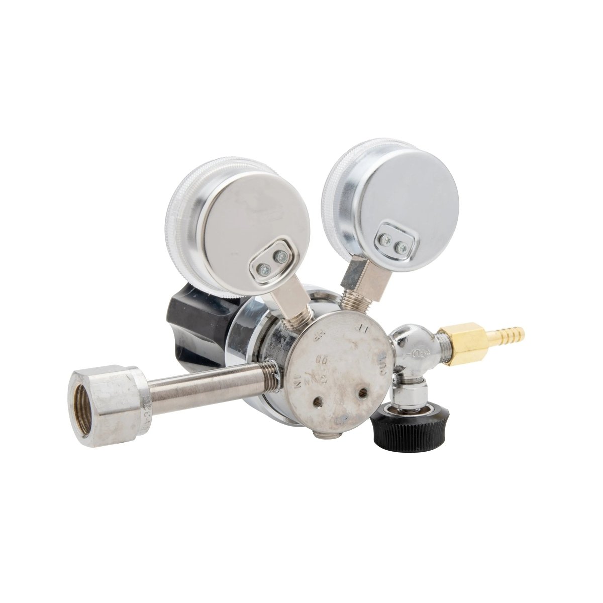 Harris 401C-015-320-A CO2 Regulator for welding, single-stage, dual gauges, brass fitting, black knob, on white background.