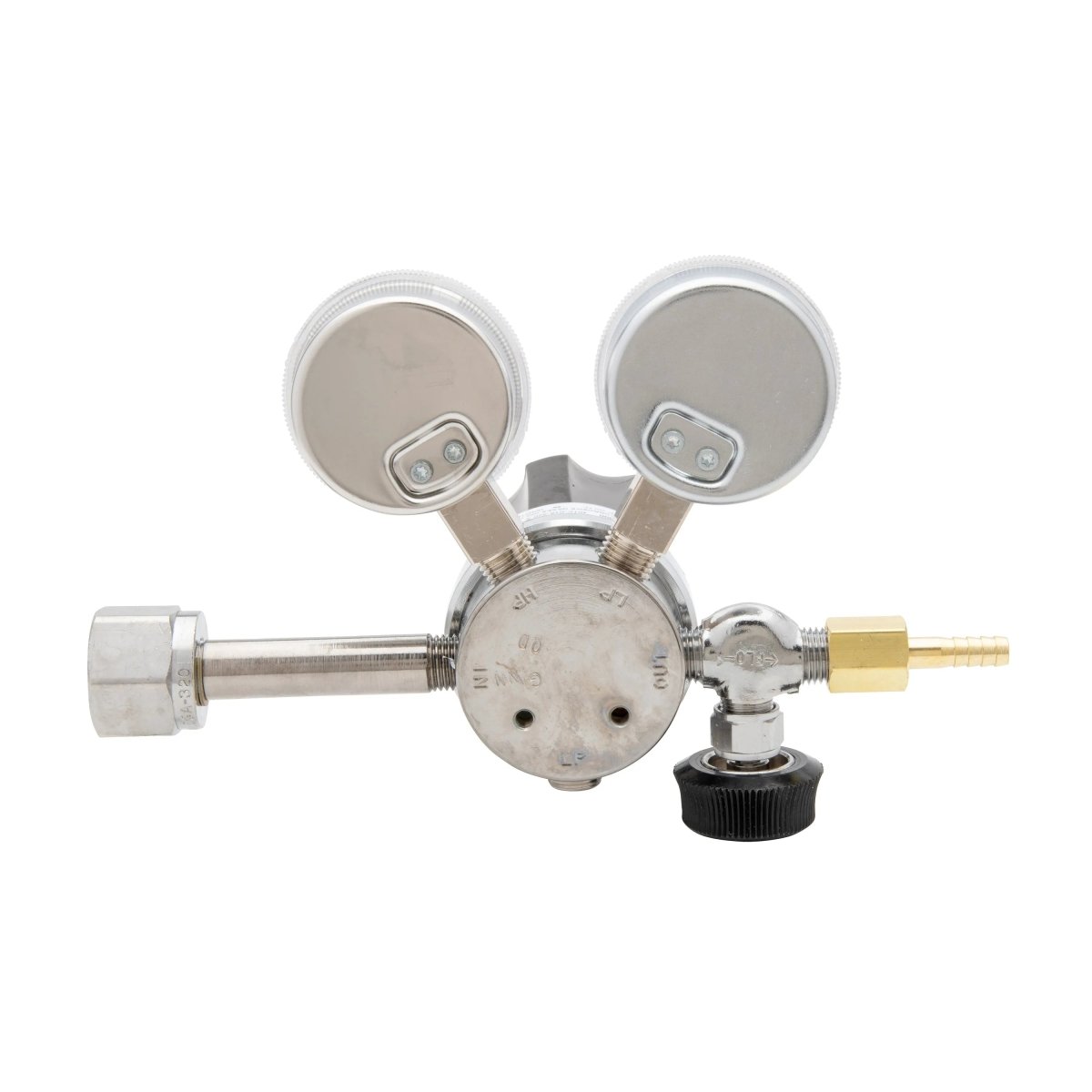 Harris 401C-015-320-A CO2 welding regulator with dual gauges, black side valve, and brass fitting. Essential welding accessory.