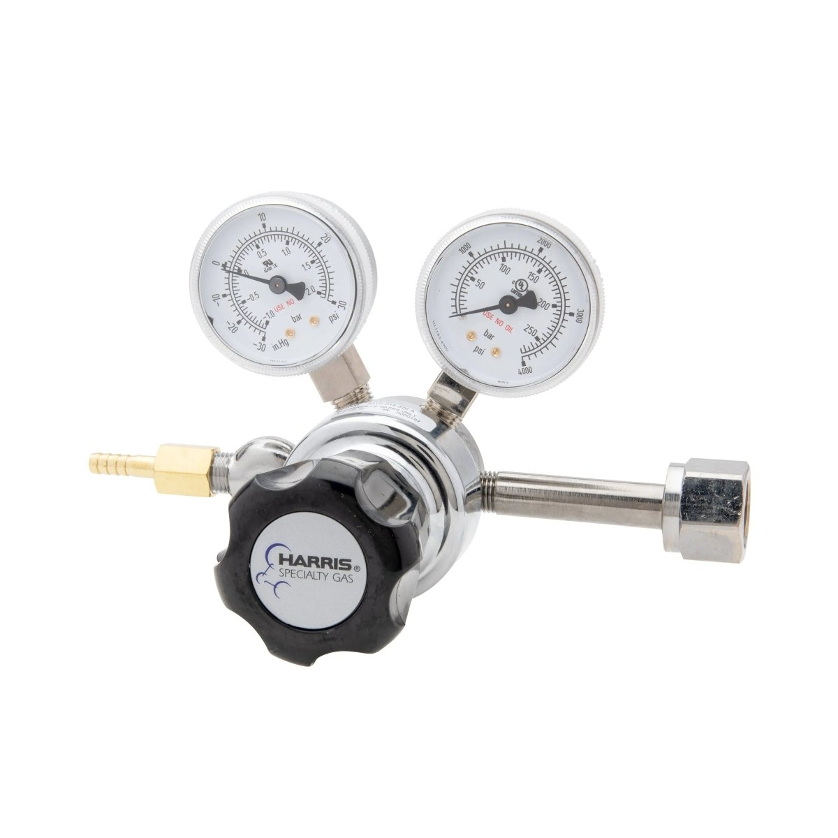 Harris 401C-015-320-A CO2 Regulator for welding, with dual gauges, black adjustment knob, and brass hose connector.