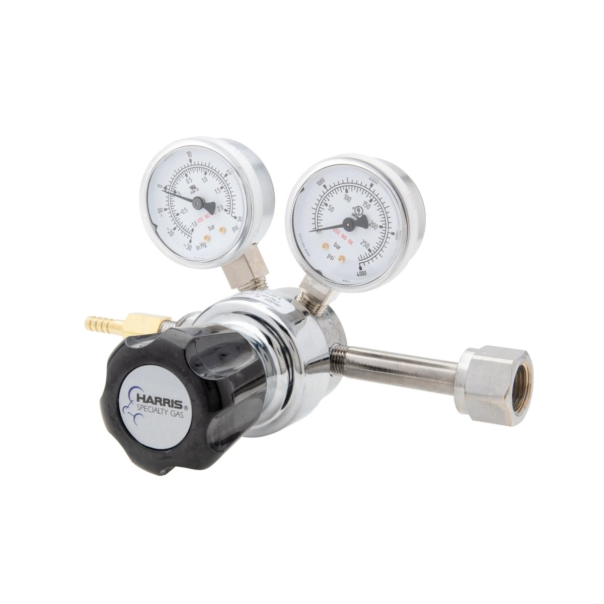 Harris 401C-015-320-A CO2 regulator for welding, with dual gauges, brass side nozzle, and black Specialty Gas adjustment knob.
