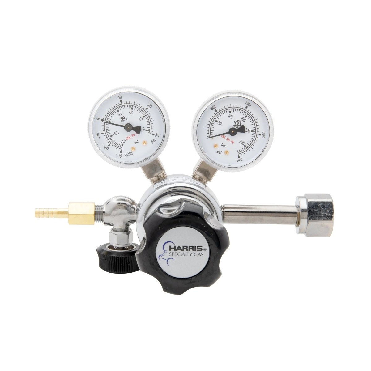 Harris 401C-015-320-A CO2 regulator for welding equipment, two pressure gauges, brass hose connector, black knob, white background.