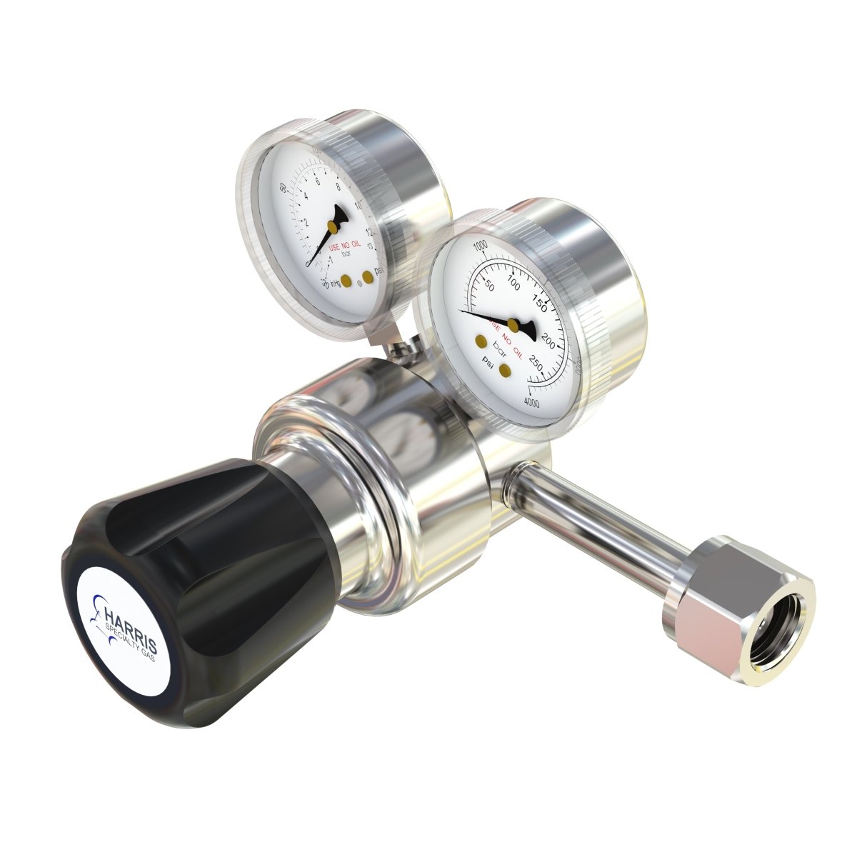 Metallic pressure regulator with two gauges on a white background
