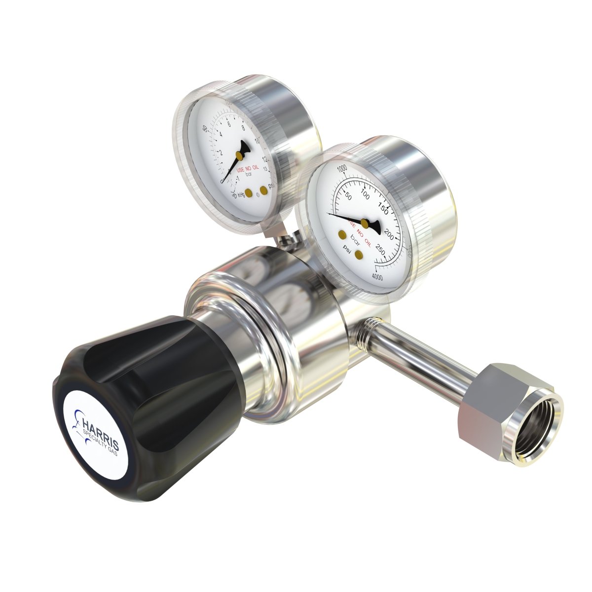 Metal pressure regulator with two gauges on a white background
