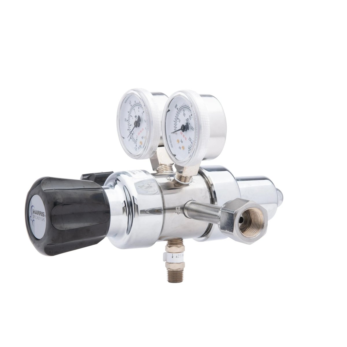 The Harris HP702-050-320-BE (702050320BE) Carbon Dioxide Regulator features two pressure gauges, a black adjustment knob, and a threaded connector for precise control in laboratory applications.