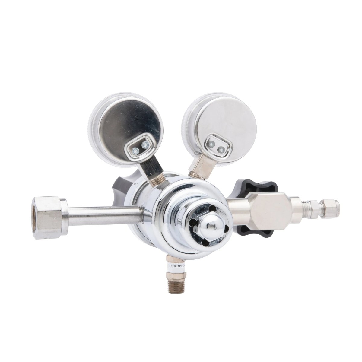 The Harris HP702-050-320-BE Carbon Dioxide Regulator features a two-stage metallic body, dual pressure gauges, black adjustment knob, and multiple connection fittings, shown isolated on a white background.