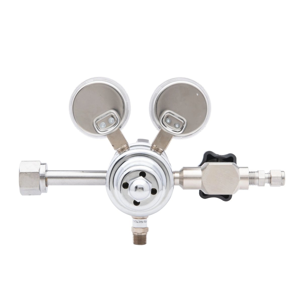 The Harris HP702-050-320-BE Carbon Dioxide Regulator features a two-stage metal body, dual pressure gauges, control knob, and multiple ports, shown against a white background.
