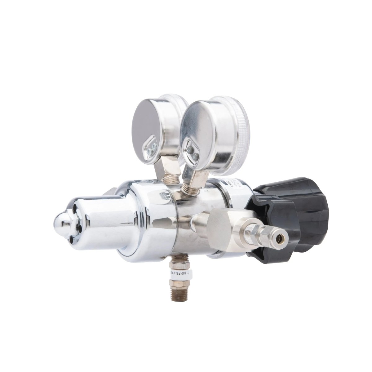 The Harris HP702-050-320-BE Carbon Dioxide Regulator features two round pressure gauges, a large black adjustment knob, multiple ports, and is shown isolated on a white background.