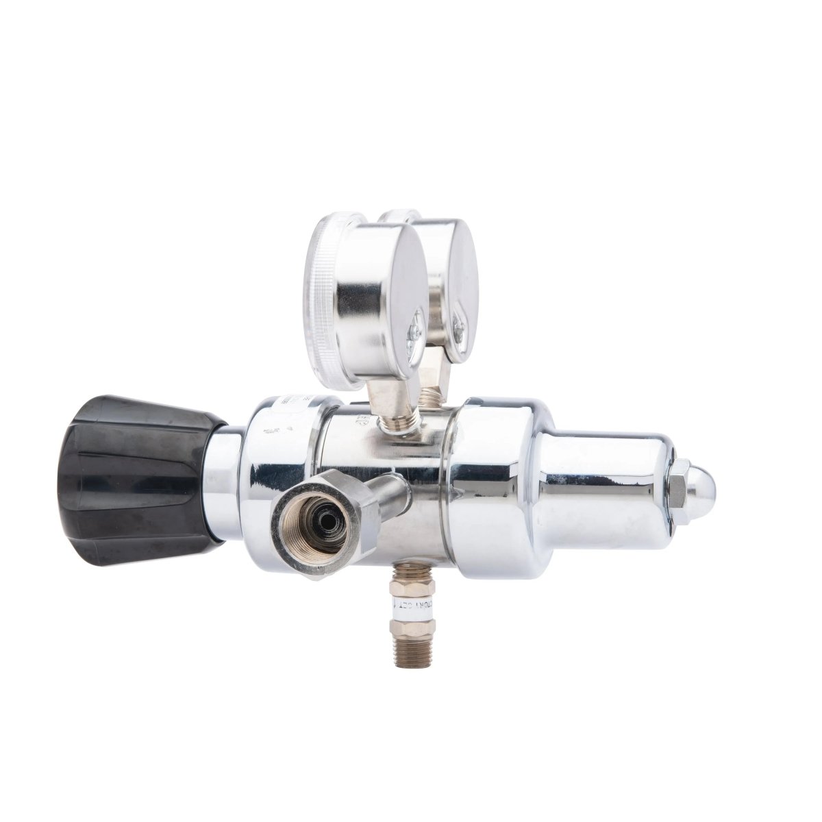 The Harris HP702-050-320-BE Carbon Dioxide Regulator, featuring dual pressure gauges, a black left adjustment knob, and a lower threaded connector, is photographed against a white background.